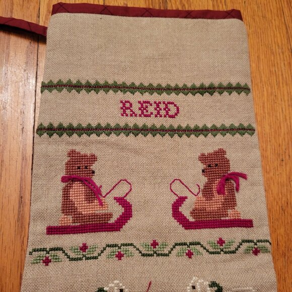 2 Personalized Cross Stitch Christmas Stockings Holiday Decor Rustic Burlap - Picture 4 of 8